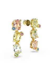 Gold earrings featuring multi-colored gemstones: pink, yellow, green, and blue. The design is a stacked arrangement with round and oval shapes.