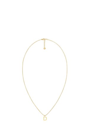 Guldplateret kæderegnebånd med et simpelt rundt led-design og en vedhæng med bogstavet "D." Justerbar lås med forlængerkæde.