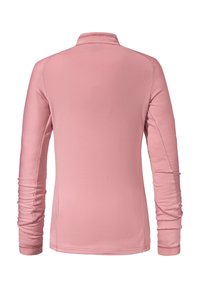 Langärmliges Oberteil aus weichem, geripptem pinkfarbenem Stoff. Verfügt über einen hohen Kragen und eng anliegende Bündchen mit Raffung an den Ärmeln.