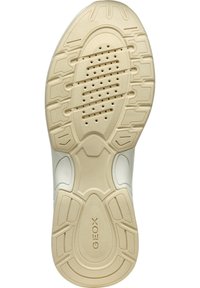 Suola della scarpa in materiale gommoso testurizzato; presenta scanalature e fori di drenaggio. Il colore è beige chiaro, con una finitura liscia e il marchio GEox.