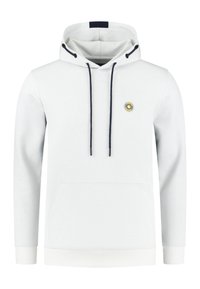 Felpa grigia chiara con tasca frontale, cordini blu navy e logo circolare sul petto. Tessuto morbido e polsini a costine.