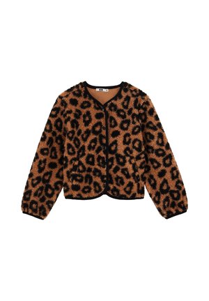 Giacca leopardata in marrone e nero, realizzata in materiale morbido, con scollo rotondo, chiusura a bottoni a pressione e maniche lunghe.