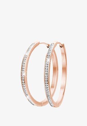 Pendientes de aro en oro rosa con una superficie lisa, adornados con una fila de cristales transparentes en el borde exterior para un brillo adicional.