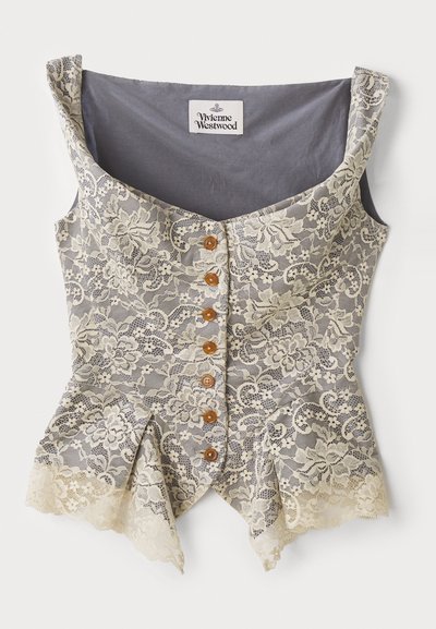 Harmaa pitsikoristeinen korsetti, jossa on kukkakuvio, pyöreä kaula-aukko, puunapit ja aaltoileva pitsireunus. Sisäpuoli on vuorattu harmaalla kankaalla.