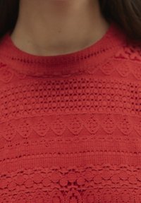 Punainen, teksturoitu paita, jossa on monimutkaisia pitsikuvioita ja pyöreä pääntie. Kangas on pehmeä ja neulottu, ja siinä on koristeellisia yksityiskohtia.