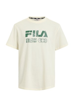 Kremowy T-shirt z krótkim rękawem z zielonym logo FILA Athletics i trzema grafikami piłek sportowych z przodu.