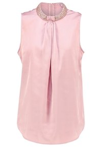 Rosa satin utan ärmar topp med plisserad front och dekorerad krage. Slät textur och avslappnad passform. Dragkedja bak.