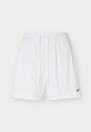 Shorts de sport en mesh blanc avec taille élastique et cordon, avec un petit logo Nike noir sur la partie inférieure de la jambe droite.