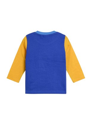 Langarm-T-Shirt mit blauem Körper und gelben Ärmeln, rundem Halsausschnitt und schlichter Gestaltung, aus Baumwolle.
