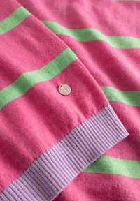 Roze gebreide trui met groene horizontale strepen, lichtpaarse geribbelde manchetten en een klein rond metalen logolabel bevestigd.