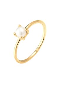 Goldbeschichteter Ring mit glattem Band, der eine rundliche weiße Perle sicher in vier Krappen gefasst hat. Innen im Band mit "925" gestempelt.