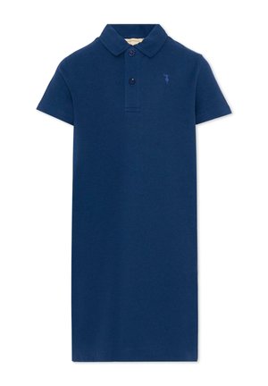Marineblauwe polo-jurk met korte mouwen, twee knopen en een klein geborduurd logo op de linkerborst.