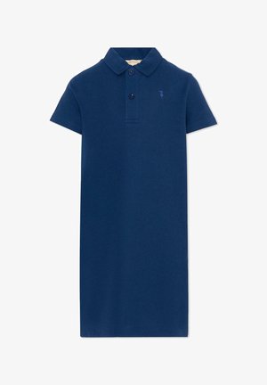 Abito polo blu navy a maniche corte con due bottoni e piccolo logo ricamato sul petto sinistro.