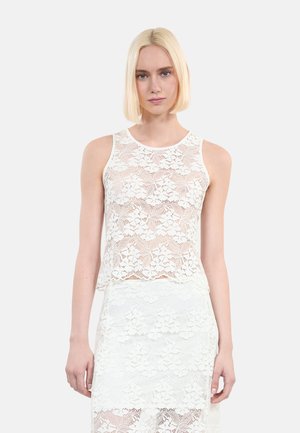 Witte kanten top met een bloemenpatroon, mouwloze ontwerp, ronde halslijn en gekartelde zoom. Lichtgewicht stof met een delicate textuur.