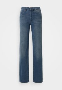 Light blue denim jeans with a high waist, straight leg, and minimal fading. Features five pockets and a button closure at the front.