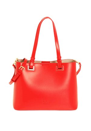 Borsa in pelle rossa con due manici superiori, una tracolla regolabile e staccabile con fibbie dorate e dettagli in metallo rettangolari dorati.