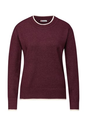 Bordeaux strikket sweater med lange ærmer og en cremefarvet ribbet rund hals. Har ribbede manchetter og kant for ekstra struktur.