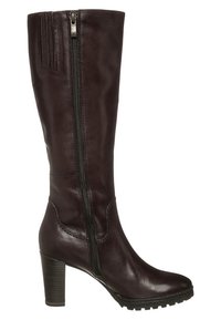 Bota de cuero de color marrón oscuro, hasta la rodilla, con una superficie lisa, cremallera lateral y un tacón grueso de 3 pulgadas. Suela de goma negra con tracción.