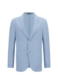 Blazer azul claro hecho de tela texturada con dos botones, solapas de muesca y dos bolsillos frontales. Apariencia suave con un patrón sutil.