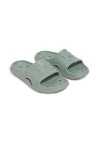 Des claquettes en caoutchouc vert avec une large sangle comportant un logo. Design ouvert à l'avant avec des trous de ventilation. Texture lisse et semelle plate.