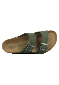 Green vegan sandals with two wide straps featuring silver buckles. Cork footbed and textured surface. Made by Birkenstock, size 42.
