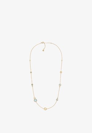 Goldkette mit abwechselnden runden Edelsteinen, darunter blaue und klare Steine, die in kreisförmigen Fassungen entlang einer zarten Kette eingefasst sind.