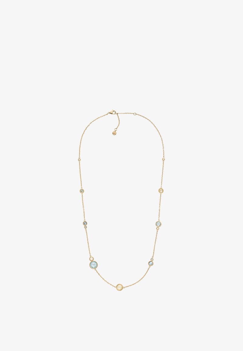 Kultainen kaulakoru, jossa vuorottelevat pyöreät jalokivet, mukaan lukien siniset ja kirkkaat kivet, asetettuna pyöreisiin kehyksiin hienossa ketjussa.