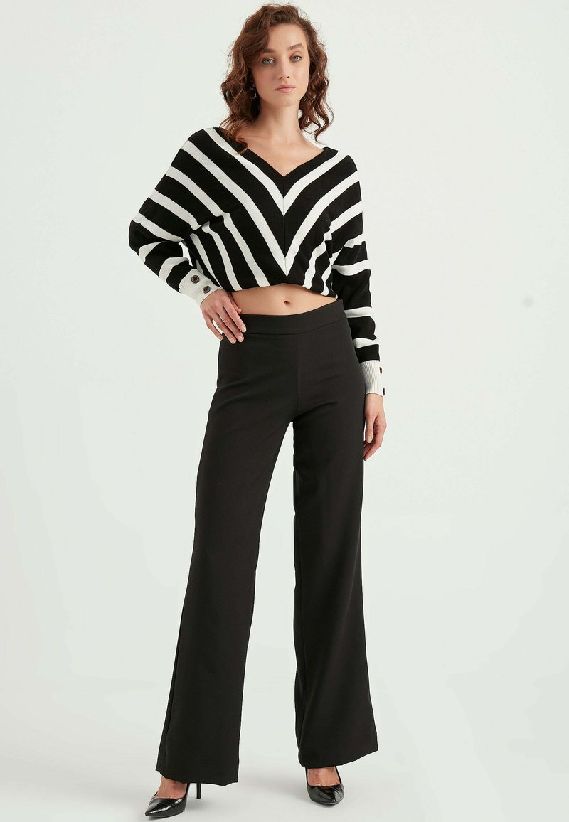 Svart och vit randig kortärmad tröja med V-ringning, parat med högmidjade svarta vida byxor och svarta spetsiga klackskor.