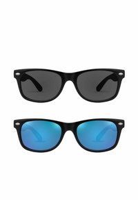 Black plastic sunglasses with angular frames; top features dark lenses, bottom has gradient blue lenses; silver accents on the arms.