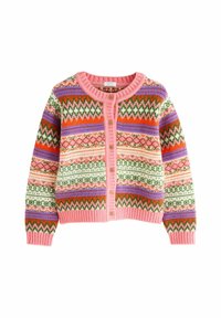 Pletený cardigan s mnohofarebnými vzormi v ružovej, zelenej, oranžovej a fialovej farbe, s okrúhlym výstrihom, zapínaním na gombíky a rebrovanými manžetami.