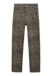 Pantalon en jean imprimé léopard avec un motif beige et noir. Dispose d'un design à cinq poches standard et d'une coupe droite.