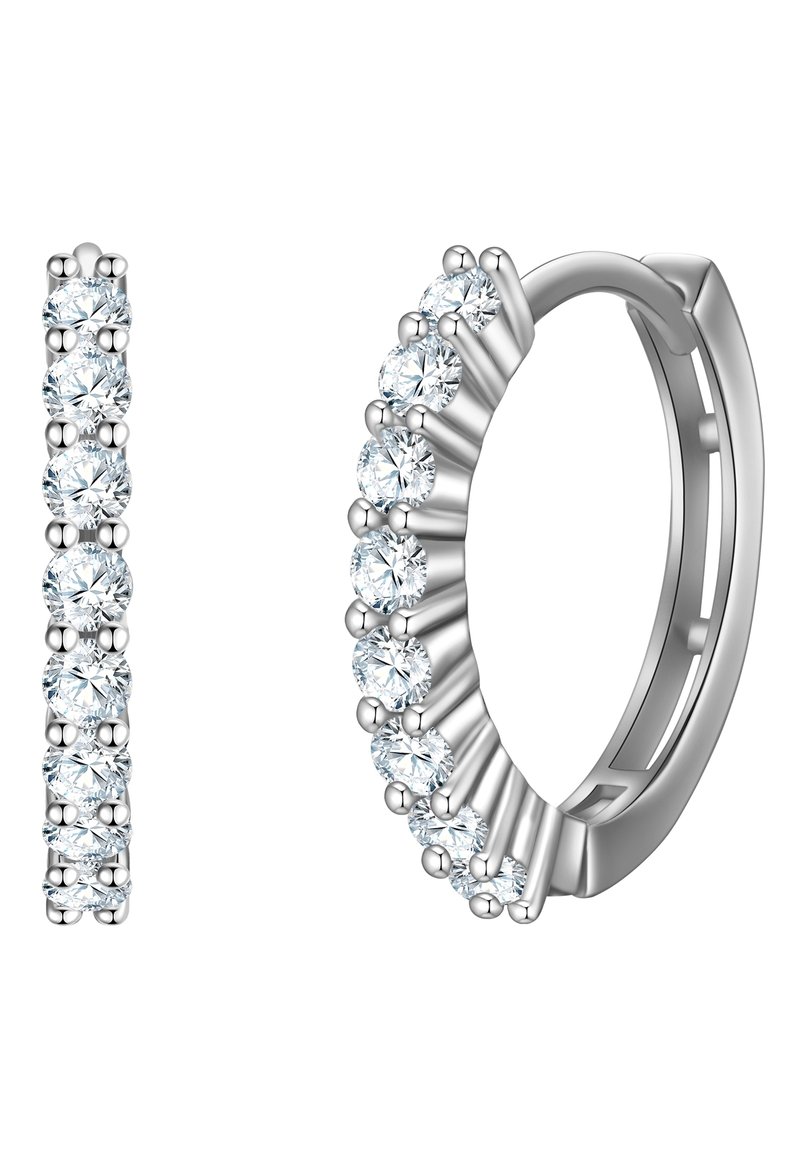 Silver hoopörhängen med runda, klara ädelstenar som är arrangerade i två stilar: en rak linje och en böjd design, som visar en polerad finish.