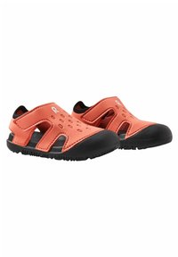 Orange water shoes with cut-out designs, black rubber soles, and adjustable straps for a secure fit. Lightweight material with textured accents.