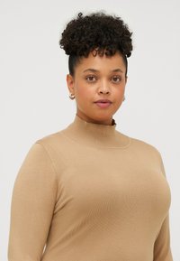 Beige høyhalset genser med en tilpasset design og lange ermer, med en subtil tekstur og rund halslinning.