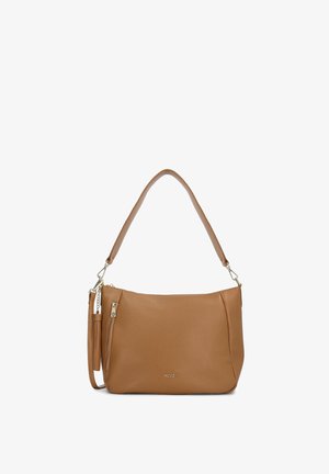 Tan leather shoulder bag with zip pocket, adjustable strap, and small brand logo on the front against a white background.