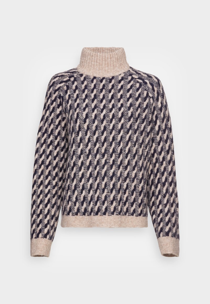 Pull à col roulé avec un motif torsadé en beige et noir, manches longues, poignets et ourlet côtelés.