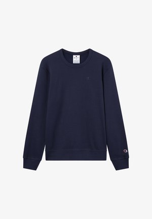 Granatowy suweter z bawełny z domieszką. Posiada długie rękawy, ściągacze, okrągły dekolt oraz haftowane logo na piersi.