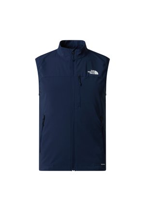 Laivastonsininen hihaton liivi, jossa etuketju, rintatasku ja sivutaskut vetoketjuilla sekä The North Face -logo vasemmassa yläkulmassa.