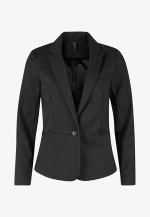 Schwarzer, maßgeschneiderter Damenblazer mit Ein-Knopf-Verschluss, Revers mit Kerb, vorderen Leistentaschen, aus glattem Stoff und in figurbetontem Stil.