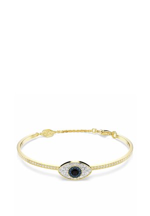 Goldarmband mit einem augenförmigen Mittelstück, das einen schwarzen Mittelstein umgeben von kleineren weißen und blauen Kristallen zeigt.
