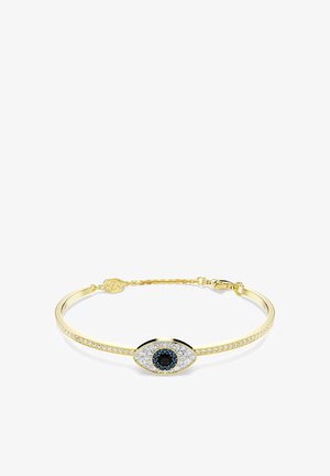 Bracelet en or avec un élément central en forme d'œil, comportant une pierre noire au centre entourée de petits cristaux blancs et bleus.