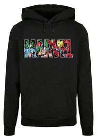 Melnā kapuce ar lielu "MARVEL" grafiku, kas attēlo krāsainus komiksu varoņu zīmējumus. Dizains ietver priekšējo kabatu un kapuces aukliņu.