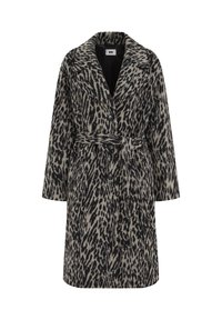 Cappotto a stampa leopardata in beige e nero tenue. Presenta un colletto a falda, maniche lunghe, cintura in vita e chiusura frontale con bottoni.