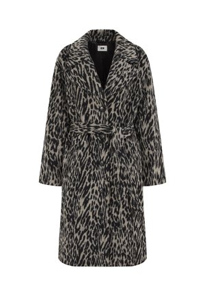 Leopardenmuster-Mantel in muted Beige und Schwarz. Mit einem eingekerbten Kragen, langen Ärmeln, einem Gürtel in der Taille und einer knopfartigen Vorderseite.