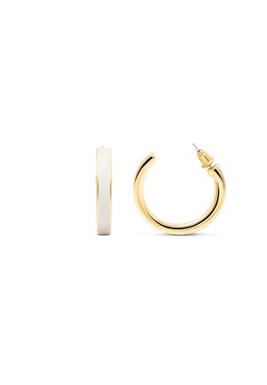 Gold-tone hoop earrings with a smooth, shiny surface and a lightweight design. They feature a narrow white accent for contrast.