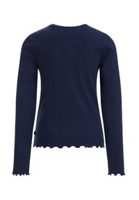 Tengerészkék hosszú ujjú felső bordázott anyagból, lekerekített nyakkivágással és hullámos szegéllyel, sima textúrával és testhezálló fazonnal.