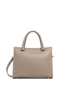Sac à main en cuir taupe clair avec deux poignées supérieures, d'une forme structurée, des accents en matériel doré et une finition texturée. Bandoulière incluse.