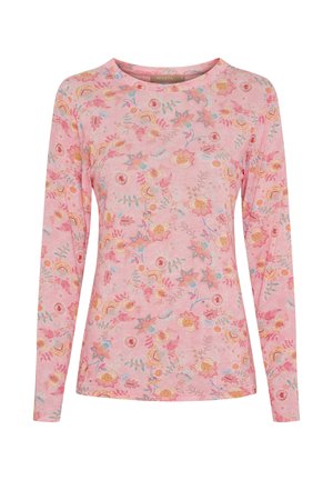 Pink langærmet skjorte med rund hals med et blomsterprint i nuancer af gul, blå og rød.