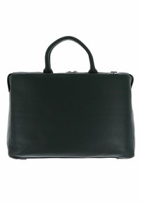 Sac en cuir vert foncé au design structuré, avec deux poignées et une fermeture éclair. Présente une surface texturée et une forme rectangulaire.