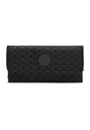 Black wallet with geometric pattern, soft canvas material, fold-over design, and a circular embossed logo detail on the front.
